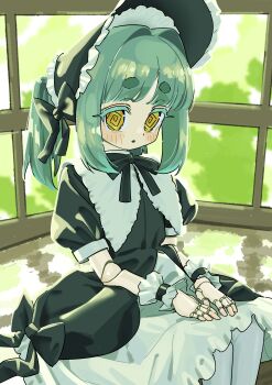 1girl @_@ absurdres black_dress black_hat bonnet bouen brown_eyes commentary_request commission day doll_joints dress green_hair hair_intakes hat highres indoors joints loli original pantyhose pixiv_commission ponytail puffy_short_sleeves puffy_sleeves short_eyebrows short_sleeves sitting solo thick_eyebrows white_dress white_pantyhose window wrist_cuffs