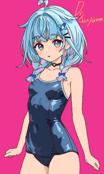 1girl ahoge alternate_costume black_choker blue_eyes blue_hair blue_one-piece_swimsuit blush braid choker covered_navel dr._junyaman hair_ornament hairpin highres hololive hololive_dev_is looking_at_viewer medium_hair mizumiya_su multicolored_hair navel o-ring o-ring_choker one-piece_swimsuit open_mouth pink_background pink_hair solo streaked_hair swimsuit twin_braids virtual_youtuber