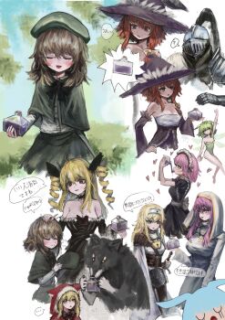 1boy 6+girls absurdres animal_ear_hood arm_up armor beret black_dress black_souls blonde_hair blue_eyes blue_hair blush_stickers bottle breasts brown_hair capelet catherine_(black_souls) cleavage closed_eyes commentary cross cross_necklace detached_sleeves dorothy_(black_souls) dress drill_hair elisabeth_(black_souls) elma_(black_souls) fake_animal_ears full_armor green_capelet green_eyes green_hair green_hat green_leotard green_skirt grimm_(black_souls) hand_on_own_hip hat headpat heart highres holding holding_bottle holding_unworn_clothes holding_unworn_hat hood hood_up jeanne_(black_souls) jewelry leaf_(black_souls) leotard long_hair long_sleeves maid maid_headdress multiple_girls necklace nun open_mouth pink_hair poro_(black_souls) purple_hat red_eyes red_hood red_hood_(black_souls) ropeperson shirt skirt smile spoken_object sword tongue tongue_out translation_request unworn_hat unworn_headwear victoria_(black_souls) weapon white_shirt witch_hat wolf