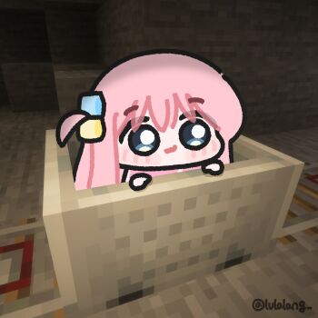 Rule 34 | 1girl, artist name, block (minecraft), blue eyes, blush, bocchi the rock!, cave interior, chibi, cube hair ornament, game screenshot background, gotoh hitori, hair ornament, highres, jacket, long hair, looking at viewer, lulalang, minecart, minecraft, one side up, pink hair, pink jacket, railroad tracks, screenshot background, solo, twitter username