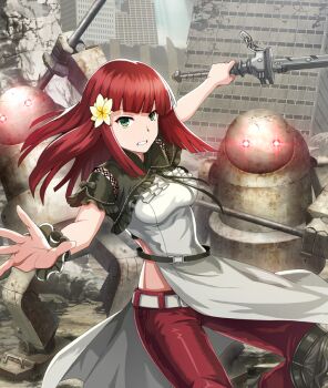 Rule 34 | 1girl, black shrug, black wrist cuffs, blunt bangs, blunt ends, breasts, building, clenched teeth, diffraction spikes, feet out of frame, flower, game cg, glowing, glowing eyes, green eyes, hair flower, hair ornament, hime cut, holding, holding pole, holding sword, holding weapon, long hair, long shirt, looking at viewer, machine (nier), medium breasts, midriff peek, official art, outstretched arms, pants, pole, popola, red eyes, red hair, red pants, robot, ruins, sandwiched, shirt, short sleeves, shrug (clothing), single wrist cuff, solo, spread arms, sword, teeth, third-party source, toji no miko, toji no miko: kizamishi issen no tomoshibi, urban, weapon, white shirt, wrist cuffs, yellow flower