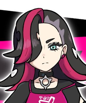 1girl aged_up aqua_eyes asymmetrical_bangs black_choker black_hair choker closed_mouth collarbone commentary dreambig earrings english_commentary eyelashes eyeshadow grey_eyeshadow hair_over_one_eye highres jewelry makeup marnie_(pokemon) medium_hair multicolored_hair nintendo outline pink_hair pokemon pokemon_swsh portrait solo split_mouth two-tone_hair undercut white_outline