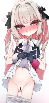 1girl absurdres bar_censor bike_shorts bike_shorts_pull black_gloves blush censored closed_mouth clothes_lift clothes_pull dress dress_lift gloves grey_hair heart highres huucha_(cpaf5377) lifting_own_clothes loli long_hair looking_at_viewer makaino_ririmu multicolored_hair navel nijisanji nose_blush paid_reward_available panties panty_pull pink_hair pointy_ears pussy short_shorts shorts shorts_pull simple_background solo two-tone_hair underwear variant_set virtual_youtuber white_background white_panties white_shorts