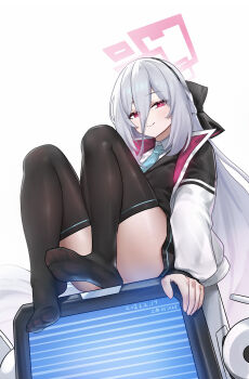 Rule 34 | 1girl, absurdres, black hairband, black thighhighs, blue archive, blue necktie, commentary request, feet, hair between eyes, hairband, halo, highres, jacket, kei (blue archive), knees up, legs, long hair, long hair between eyes, looking at viewer, necktie, no shoes, pink eyes, pink halo, rectangular halo, red halo, shangdi de fa zhang, skirt, soles, thighhighs, toes, white hair, white jacket, zettai ryouiki