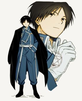 1boy black_boots black_coat black_hair blue_jacket blue_pants boots closed_mouth coat collared_shirt full_body fullmetal_alchemist gloves hand_in_pocket highres jacket long_coat ls182_520 male_focus multiple_views pants parted_bangs roy_mustang shirt short_hair simple_background solo upper_body white_gloves white_shirt