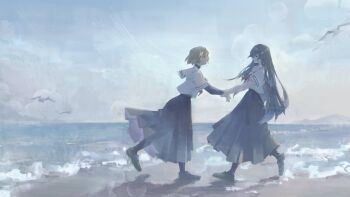 Rule 34 | 2girls, beach, bird, black hair, black skirt, blonde hair, blue skirt, commentary request, day, frograss rb, from side, full body, hairband, highres, holding hands, horizon, layered sleeves, lens flare, loafers, long hair, long skirt, long sleeves, miniskirt, multiple girls, neckerchief, ocean, oumi shiori, outdoors, pantyhose, pleated skirt, profile, red neckerchief, sailor collar, sand, school uniform, seagull, serafuku, shirt, shoes, short hair, short over long sleeves, short sleeves, skirt, sky, smile, walking, watashi wo tabetai hitodenashi, waves, white sailor collar, white shirt, yaotose hinako