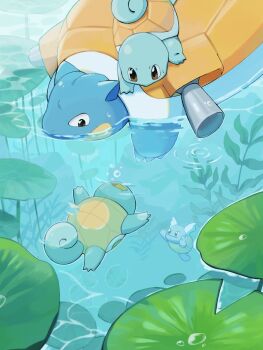 Rule 34 | afloat, animal focus, blastoise, blue skin, colored skin, commentary, evolutionary line, gen 1 pokemon, harumomo (@harumomo123456), highres, lily pad, nintendo, no humans, outdoors, pokemon, pokemon (creature), ripples, shell, squirtle, swimming, wartortle, water