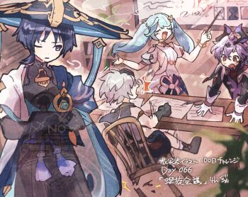 1girl 3boys armor bennett_(genshin_impact) black_bodysuit black_bow black_capelet black_coat black_gloves black_hair black_shoes black_shorts black_sleeves blank_speech_bubble blue_cape blue_gem blue_hair blue_hat blue_jingasa blue_kimono blue_sleeves blush bodysuit bookshelf bow breaking bridal_gauntlets bright_pupils cape capelet chair chalkboard choppy_bangs classroom closed_eyes clothing_cutout coat collared_coat commentary_request contrast_collar crossed_bangs diamond-shaped_pupils diamond_(shape) dragon_boy dragon_horns dress durin_(genshin_impact) eyeliner facial_mark facing_another facing_to_the_side faruzan_(genshin_impact) feathers forehead_mark gem genshin_impact gloves goggles goggles_on_head gold grey_bridal_gauntlets gurumin_(gurruguru) hair_between_eyes hakama hakama_shorts hat hip_vent holding holding_wand horns indoors japanese_armor japanese_clothes jingasa juban kimono kote kurokote layered_sleeves long_hair long_sleeves looking_at_another makeup mandarin_collar multiple_boys one_eye_closed open_clothes open_coat open_kimono open_mouth outstretched_arms parted_lips plant pleated_shorts potted_plant puff_of_air puffy_sleeves purple_eyes purple_hair purple_horns purple_sash purple_vest red_eyeliner sash scaramouche_(genshin_impact) shirt shoes short_sleeves shorts shoulder_cutout shoulder_peek side_cape side_cutout sideways_glance sitting speech_bubble spread_arms standing sweatdrop symbol-shaped_pupils table tassel teaching twintails twitter_username vest wand wanderer_(genshin_impact) watermark white_dress white_gloves white_hair white_kimono white_pupils white_shirt white_sleeves yellow_feathers