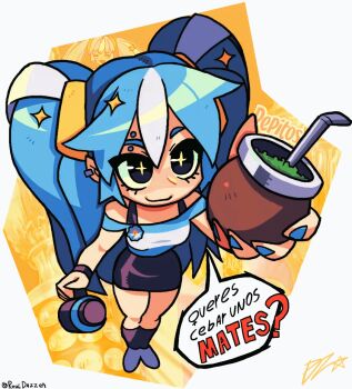 1girl ? animated animated_gif aqua_hair argentinian_flag argentinian_flag_print argentinian_miku bare_legs black_eyes breasts cowboy_shot dreadlocks drink drunk ear_piercing eyelashes flag_print foreshortening hair_between_eyes hair_ornament happy hatsune_miku highres holding holding_drink jacket jewelry leg_tattoo legs_together long_hair looking_at_viewer mate_(drink) open_mouth piercing realdazzen shirt simple_background skirt solo spanish_text standing star-shaped_pupils star_(symbol) symbol-shaped_pupils tattoo translated twintails very_long_hair vocaloid white_shirt wide_hips