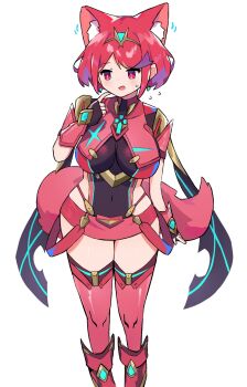 1girl animal_ear_fluff animal_ears bakeneko1212 breasts commentary_request cowboy_shot highres large_breasts miniskirt pyra_(xenoblade) red_eyes red_hair red_skirt red_tail short_hair simple_background skirt solo white_background xenoblade_chronicles_(series) xenoblade_chronicles_2