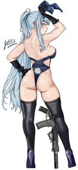 Rule 34 | 1girl, absurdres, alpha transparency, alternate costume, animal ears, artist name, ass, assault rifle, back, backless leotard, bare shoulders, black gloves, black thighhighs, blue hair, blush, breasts, closed mouth, commentary, fake animal ears, fake tail, fos1x, from behind, girls' frontline, girls' frontline 2: exilium, gloves, green eyes, gun, h&amp;k hk416, hand on own hip, high heels, highres, hk416 (girls' frontline), klukai (girls' frontline 2), leotard, long hair, looking at viewer, looking back, mixed-language commentary, playboy bunny, ponytail, purple shoes, rabbit ears, rabbit tail, rifle, shoes, sidelocks, skindentation, solo, standing, tail, thighhighs, transparent background, weapon