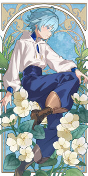 1boy absurdres ahoge aqua_eyes aqua_hair arm_at_side art_nouveau bishounen blue_background blue_pants blue_shirt boots border brown_boots chongyun_(genshin_impact) commentary drawstring flower flower_request foot_up_heel_up from_side frown genshin_impact gold_trim hair_between_eyes hand_on_own_knee high-waist_pants highres hood hood_down hoodie irregular_border lace-up_boots light_blush long_sleeves looking_ahead male_focus mandarin_collar midair ornate_border pants plant shirt short_hair sidelocks sideways_mouth solo white_border white_flower white_hoodie yui_4293