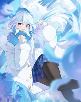 Rule 34 | 1girl, absurdres, black pantyhose, blue eyes, blue nails, blue skirt, blurry, blurry foreground, coat, floating hair, furina (genshin impact), genshin impact, hair between eyes, heterochromia, highres, long hair, long sleeves, miniskirt, mismatched pupils, nail polish, open clothes, open coat, pantyhose, plaid clothes, plaid skirt, ponytail, qi di xiong, ribbed sweater, skirt, sleeves past wrists, solo, sweater, very long hair, white coat, white hair, white sweater