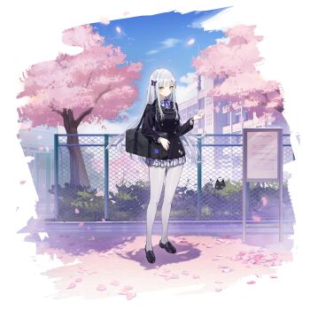 1girl bag black_cat black_jacket blazer blue_bow blue_bowtie blue_skirt blush bow bowtie breasts buttons cat cherry_blossoms cross day double-breasted facepaint falling_petals full_body girls'_frontline green_eyes hair_ornament hairclip hand_up highres hk416_(blushing_sakura)_(girls'_frontline) hk416_(girls'_frontline) iron_cross jacket long_hair medium_breasts miniskirt official_art outdoors pantyhose petals pleated_skirt school_uniform shirt shoulder_bag skirt solo standing teardrop two-tone_skirt very_long_hair watch white_hair white_shirt white_skirt wristwatch