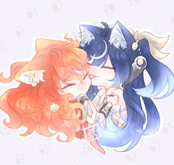 2girls animal_ears augusta_(wuthering_waves) bare_shoulders blonde_streaks blue_hair blush cat_ears closed_eyes commentary english_commentary iuno_(wuthering_waves) jewelry kemonomimi_mode kyrus_hiki licking licking_another&#039;s_face multiple_girls purple_background red_hair ring smile two_side_up wuthering_waves yuri