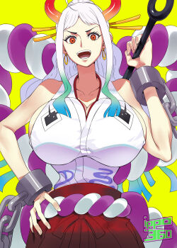 1girl blue_hair breasts cleavage club_(weapon) cuffs earrings female_focus hand_on_own_hip handcuffs highres horns huge_breasts ippo japanese_clothes jewelry kimono long_hair looking_at_viewer multicolored_hair one_piece ponytail red_eyes simple_background solo two-tone_hair white_hair yamato_(one_piece)