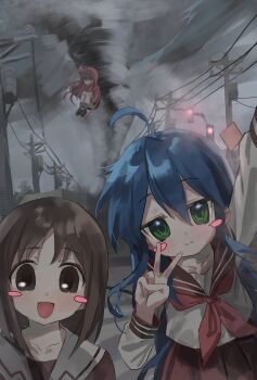 Rule 34 | 3girls, :3, :d, absurdres, ahoge, aqua eyes, arm up, azumanga daioh's school uniform, azumanga daiou, black skirt, blue hair, blush, blush stickers, bocchi the rock!, brown eyes, brown footwear, brown hair, closed mouth, cloud, cloudy sky, collarbone, commentary, cowboy shot, crossover, floating, floating hair, frown, full body, gotoh hitori, green eyes, grey sky, hair between eyes, highres, hugging own legs, izumi konata, jacket, jitome, kagana helsuki, kasuga ayumu, loafers, long hair, long sleeves, lucky star, medium hair, messy hair, mole, mole under eye, multiple girls, neckerchief, open mouth, outdoors, pink hair, pink jacket, pink neckerchief, pink sailor collar, pink shirt, pink skirt, pink trim, pleated skirt, power lines, road, road sign, sailor collar, school uniform, selfie, serafuku, shirt, shoes, sign, skirt, sky, smile, storm, tornado, track jacket, traffic light, transformer, upper body, utility pole, v, very long hair, white sailor collar, wind, winter uniform