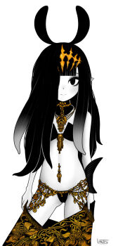 1girl belt bikini blunt_bangs cameltoe choker clothes_pull commentary cowboy_shot dot_nose fingernails flat_chest gluteal_fold gold_belt gradient_hair hair_over_one_eye headpiece highres hololive hololive_english long_fingernails looking_at_viewer ltstry multicolored_hair navel navel_piercing ninomae_ina&#039;nis piercing pulling_own_clothes sharp_teeth signature simple_background skirt skirt_pull smile solo spot_color string_bikini swimsuit symbol-only_commentary teeth tentacle_hair white_background wrap_skirt