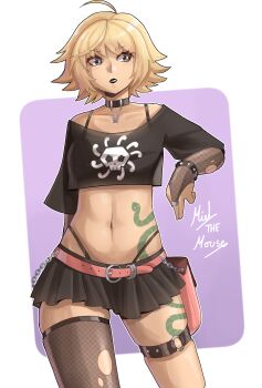 1girl absurdres ahoge artist_name belt belt_pouch black_choker black_eyes black_lips black_skirt blonde_hair chain choker commentary_request curvy flipped_hair goth_fashion highres leggings marguerite_(one_piece) midriff mielthemouse navel o-ring o-ring_thigh_strap one_piece pouch purple_background shiny_skin short_hair skirt snake_tattoo tattoo thigh_strap thong torn_clothes torn_leggings visual_kei whale_tail_(clothing) wide_hips
