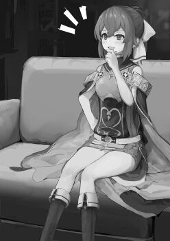 absurdres boots cape delthea_(fire_emblem) female_focus fire_emblem fire_emblem_echoes:_shadows_of_valentia greyscale hair_ribbon hand_on_own_hip highres long_hair magic monochrome nintendo open_mouth ponytail ribbon sequence sitting skirt smile tagme yomogi_(mayonaka_030)