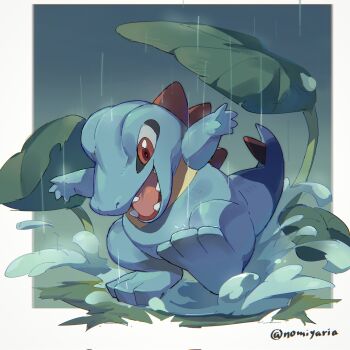 fangs full_body gen_2_pokemon highres leaf nintendo no_humans nomiyaria open_mouth pokemon pokemon_(creature) pokemon_focus puddle rain red_eyes sharp_teeth smile solo splashing tail teeth totodile water water_drop
