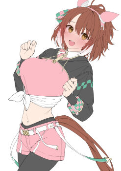 1girl absurdres animal_ears black_pantyhose black_shrug blush breasts brown_eyes brown_hair brown_tail cowboy_shot dantsu_flame_(center_spotlight)_(umamusume) dantsu_flame_(umamusume) ear_covers hair_between_eyes highres horse_ears horse_girl horse_tail kawai_ritsu_(rits_meg) large_breasts long_sleeves looking_at_viewer medium_hair midriff multicolored_hair navel open_mouth pantyhose pink_shirt pink_shorts ponytail shirt short_shorts shorts shrug_(clothing) simple_background smile solo streaked_hair tail teeth tied_shirt umamusume upper_teeth_only white_background white_hair white_streaks