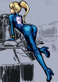 1girl absurdres angry arched_back armpit_crease ass back blonde_hair blue_bodysuit blue_eyes bodysuit bracelet breasts climbing eyelashes eyes_visible_through_hair feet_up female_focus from_behind frown full_body high_heels high_ponytail highres jewelry kneepits large_breasts legs looking_at_viewer looking_back metroid neck nintendo on_one_knee pilosophos ponytail profile samus_aran shoe_soles sideboob sidelocks skin_tight spacecraft_interior swept_bangs turtleneck turtleneck_bodysuit zero_suit