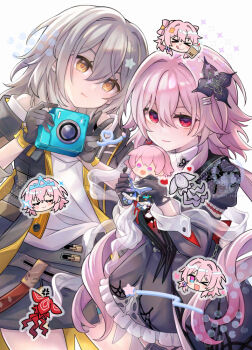 &gt;_o 2girls anger_vein black_gloves black_jacket bubble_tea camera character_doll closed_mouth comiket_107 commentary_request doll dress evernight_(honkai:_star_rail) flower_hairpin frilled_dress frills gloves grey_dress grey_hair holding holding_camera honkai:_star_rail honkai_(series) jacket long_hair looking_at_viewer march_7th_(honkai:_star_rail) multiple_girls one_eye_closed pink_hair red_eyes shirt smile stelle_(honkai:_star_rail) takitarou trailblazer_(honkai:_star_rail) v white_shirt yellow_eyes