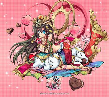 1girl animal anklet arched_back bandeau bangle bare_shoulders barefoot bent_over black_hair blue_eyes blush box bracelet breasts candy chocolate chocolate_heart cleavage closed_mouth collarbone commentary_request copyright_logo copyright_name earrings elbow_rest elephant flower food full_body hair_between_eyes happy_valentine heart heart-shaped_box heart-shaped_food highres himegami_kagura holding holding_box jewelry kneeing lakshmi_(himegami_kagura) logo long_hair looking_at_viewer medium_breasts ms06s necklace official_art pink_flower sidelocks skirt smile solo valentine white_bandeau