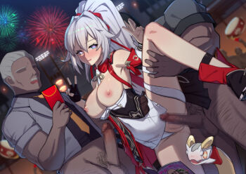1girl 2boys black_gloves black_shirt blue_eyes boots breasts breasts_out clothing_aside dark-skinned_male dark_skin double_v fingerless_gloves fireworks gloves grey_jacket group_sex hetero honkai_(series) honkai_impact_3rd interracial jacket kiana_kaslana kiana_kaslana_(ba-dum!_fiery_wishing_star) lao_meng large_breasts long_hair mmf_threesome multiple_boys necktie netorare nipples one_eye_closed open_mouth orange_necktie penis ponytail pussy rice_cake_(honkai_impact) sex shirt single_glove single_thigh_boot standing standing_on_one_leg standing_sex testicles thigh_boots threesome v very_long_hair