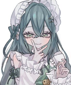 1girl bare_shoulders blush bonnet closed_eyes collar colored_inner_hair commentary crossed_bangs detached_sleeves fish floral_print floral_print_kimono flower-shaped_pupils flower_hairpin frilled_bonnet frilled_collar frills green_eyes green_hair green_kimono green_ribbon hair_ribbon hands_up highres japanese_clothes kimono long_hair long_sleeves looking_at_viewer multicolored_hair neck_ribbon nijisanji obiage print_kimono razz_o0 ribbon simple_background smile solo symbol-only_commentary symbol-shaped_pupils togawa_nonoha upper_body v v_over_mouth virtual_youtuber white_background white_bonnet white_sleeves