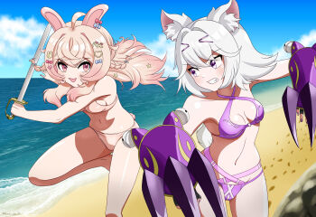 2girls animal_ear_fluff animal_ears beach bikini blue_bow bow braid breasts claws commission ear_bow filian_(vtuber) hair_bow hair_ornament heart heart_hair_ornament highres holding holding_sword holding_weapon indie_virtual_youtuber linea_alba long_hair multiple_girls navel novacrusader ocean phase_connect pink_bikini pink_hair pipkin_pippa purple_bikini purple_eyes rabbit_ears rabbit_girl rabbit_hair_ornament rabbit_tail red_bow short_hair swimsuit sword tail virtual_youtuber weapon white_hair