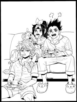 3boys alluka_zoldyck artist_name brothers controller couch bad_tag game_controller gon_freecss holding holding_controller holding_game_controller hunter_x_hunter killua_zoldyck multiple_boys on_couch playing playing_games poxychoo siblings signature sketch sleepover