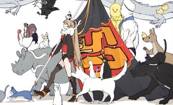 1girl absurdres animal animal_on_head animal_on_shoulder asymmetrical_footwear asymmetrical_legwear azur_lane belt bird bird_on_head bird_on_shoulder black_jacket black_shorts boots brown_hair cat closed_mouth eagle ferret flag gloves half_gloves hatski.sin high_heels high_ponytail highres holding holding_flag jacket jean_bart_(azur_lane) knee_boots long_hair long_sleeves manjuu_(azur_lane) monkey on_head ponytail rabbit red_gloves short_shorts shorts simple_background single_thighhigh squirrel standing striped_clothes striped_thighhighs thighhighs vertical-striped_clothes vertical-striped_thighhighs very_long_hair white_background