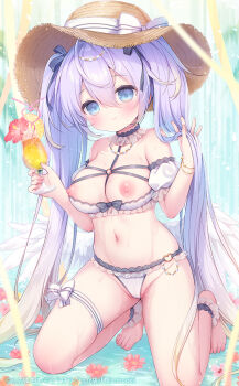 1girl bare_shoulders barefoot bikini black_bow blue_eyes blush bow breasts brown_hat closed_mouth collarbone commentary_request crazy_straw cup drink drinking_glass drinking_straw feathered_wings flower flower_on_liquid hair_between_eyes hair_bow hat hat_bow heart_straw holding holding_cup kneeling looking_at_viewer low_wings medium_breasts melonbooks navel nipples original pink_flower purple_hair shared_straw smile solo straw_hat striped_bow swimsuit tropical_drink twintails usashiro_mani water white_bikini white_bow white_wings wings