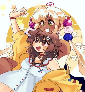2girls animal_collar animal_ears blonde_hair bone_hair_ornament bracelet braid brown_hair collar commentary dark-skinned_female dark_skin dog_ears dog_girl dress earrings elbow_gloves english_commentary gloves hair_ornament head_rest hololive hololive_english inugami_korone inugami_korone_(1st_costume) jacket jewelry kaniko_(tsukumo_sana) limiter_(tsukumo_sana) long_hair low_twin_braids lying_on_person ministarfruit multiple_girls open_mouth planet_hair_ornament red_collar smile tsukumo_sana tsukumo_sana_(1st_costume) twin_braids twintails usaslug_(tsukumo_sana) virtual_youtuber white_dress yellow_jacket