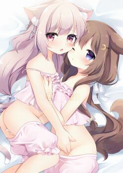 2girls animal_ear_fluff animal_ears ass azur_lane bed bloomers bloomers_pull blue_eyes blush breasts brown_hair camisole cat_ears cat_tail commission commissioner_upload crescent crescent_hair_ornament dog_ears dog_girl dog_tail face-to-face fingering fumizuki_(azur_lane) grabbing_another&#039;s_breast groin groping hair_ornament hairclip highres kisaragi_(azur_lane) loli long_hair lying multiple_girls mutual_masturbation mutual_orgasm no_panties on_side one_eye_closed open_mouth orgasm pink_bloomers pink_camisole pink_eyes pink_hair pussy_juice ribbon sen1986 side_ponytail skeb_commission small_breasts strap_slip tail thighs underwear yuri