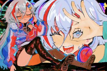 1girl ahoge black_shoes black_shorts black_thighhighs blue_eyes blue_streaks blush close-up closed_eyes colorful_background denonbu full_body hair_between_eyes hair_ornament hairclip hairpin headphones headphones_around_neck holding holding_headphones houou_karin jacket lapel_pin lapels lightning_bolt_symbol long_hair long_hair_between_eyes long_sleeves looking_at_viewer moosu multicolored_eyes multicolored_hair multicolored_jacket ok_sign ok_sign_over_eye one_eye_closed open_clothes open_mouth red_eyes red_streaks shoes shorts sitting sleeveless sleeveless_turtleneck smile solo split_screen streaked_hair thighhighs triangle_hair_ornament turtleneck very_long_hair white_hair yellow_streaks