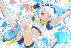 1girl ;d adversarial_noise alternate_costume apron arms_up black_gloves blue_hair blue_hairband blue_shoes blue_shorts blush body_markings bracelet braid buttons commentary_request crop_top dark-skinned_female dark_skin eyelashes fingerless_gloves fish-shaped_pupils fishnet_socks fishnets floating_hair food frilled_apron frills genshin_impact gloves grid_background hairband halftone high_ponytail highres ice ice_cube jewelry kneehighs lifebuoy long_hair looking_at_viewer midriff mualani_(genshin_impact) multicolored_hair neckerchief one_eye_closed open_mouth parted_bangs ponytail popsicle puchimu red_eyes roller_skates rope shirt shoes short_shorts short_sleeves shorts sidelocks skates smile socks solo sparkle swim_ring symbol-shaped_pupils twin_braids umbrella very_long_hair waist_apron waitress watermark white_apron white_background white_hair white_shirt white_shorts white_socks yellow_neckerchief