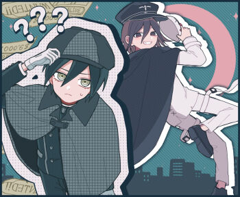 Rule 34 | 2boys, ?, ??, black cape, black hair, black jacket, blush, brown eyes, buttons, cape, cityscape, commentary request, danganronpa (series), danganronpa v3: killing harmony, detective, flipped hair, gloves, grin, hair between eyes, hat, holding, holding mask, jacket, long sleeves, looking at viewer, male focus, mask, milk o, multiple boys, oma kokichi, pants, peaked cap, phantom thief, pinstripe jacket, pinstripe pants, pinstripe pattern, polka dot, purple eyes, purple hair, saihara shuichi, short hair, smile, sparkle, striped clothes, striped jacket, sweatdrop, teeth, wanted poster, white gloves