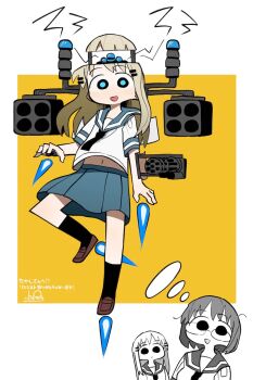 2girls alternate_eye_color android arm_mounted_weapon black_eyes blonde_hair blue_fire blue_pupils blue_sailor_collar blue_skirt blush border commission empty_eyes fire flying gatling_gun glasses hair_ornament hairclip harada_kaori hatopopoko heisei_umare highres imagining long_hair looking_at_viewer mechanization midriff_peek minigun missile_pod multiple_girls multiple_views nakagawa_(heisei_umare) navel open_mouth outside_border partially_colored pleated_skirt rocket_launcher sailor_collar school_uniform serafuku shirt short_hair simple_background skeb_commission skirt smile speech_bubble tesla_coil thought_bubble thrusters weapon white_border white_shirt yellow_background