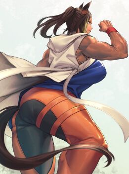 1girl animal_ears arm_at_side arm_up armpits ass bare_shoulders basketball_jersey biceps black_pants blonde_hair breasts brown_hair clenched_hand closed_mouth coat commentary_request dark-skinned_female dark_skin ear_ornament from_side high_ponytail highres hood hood_down hooded_coat horse_ears horse_girl horse_tail light_smile long_hair looking_ahead michelle_my_baby_(umamusume) mikel_(4hands) multicolored_hair multicolored_pants muscular muscular_female open_clothes open_coat orange_pants pants ponytail sleeveless sleeveless_coat solo standing tail two-tone_hair umamusume umamusume:_cinderella_gray v-shaped_eyebrows wristband yellow_eyes