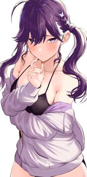 Rule 34 | 1girl, ahoge, arm under breasts, armpit crease, bare shoulders, bikini, bikini under clothes, black bikini, blue eyes, blurry, blush, breasts, butterfly hair ornament, closed mouth, collarbone, commentary request, cowboy shot, depth of field, drawstring, ear piercing, finger to own chin, fingernails, gakuen idolmaster, hair between eyes, hair ornament, halterneck, hands up, highres, idolmaster, jacket, kaya rinha, long bangs, long sleeves, medium breasts, mole, mole on neck, off shoulder, partially unzipped, piercing, pocket, purple hair, simple background, solo, swimsuit, totoki86, twintails, white background, white jacket