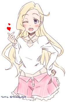 1girl above-cleavage_cutout artist_name blonde_hair breasts clothing_cutout collarbone finger_heart frilled_skirt frills highres ikizulive!_love_live!_bluebird konohana_aurora long_hair long_sleeves looking_at_viewer love_live! medium_breasts midriff miniskirt pink_skirt shirt simple_background skirt solo tanohito twitter_username very_long_hair white_background white_shirt