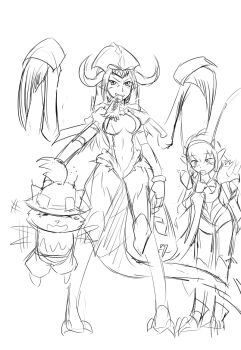 2girls breasts cho'gath claws food genderswap genderswap_(mtf) greyscale hat kha'zix large_breasts league_of_legends monochrome multiple_girls nam_(valckiry) personification pointy_ears saliva spikes tail teemo yordle