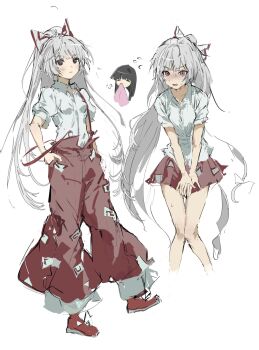 2girls =_= absurdres black_hair blunt_bangs blush bow breasts chibi chibi_inset closed_eyes closed_mouth covering_own_mouth covering_privates feet_out_of_frame flying_sweatdrops fujiwara_no_mokou hair_bow hand_over_own_mouth hands_in_pockets highres houraisan_kaguya knees_together_feet_apart long_hair long_sleeves medium_breasts messy_hair miniskirt multiple_girls multiple_views nose_blush open_mouth pink_sleeves puff_of_air puffy_short_sleeves puffy_sleeves rectangular_mouth red_eyes red_shoes red_skirt red_suspenders red_trim sesmkun shirt shoes short_sleeves simple_background skirt sleeves_past_fingers sleeves_past_wrists solo_focus stifled_laugh strap_slip surprised sweatdrop touhou v-shaped_eyebrows very_long_hair white_background white_bow white_hair white_shirt wide_sleeves