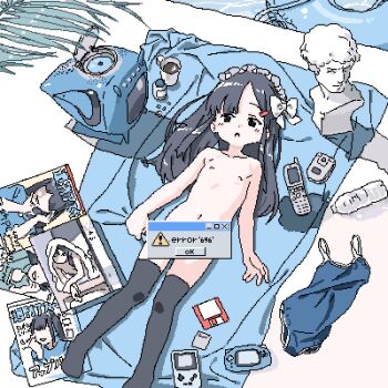 :o arms_at_sides black_eyes black_hair black_thighhighs blush bottle bust_(sculpture) cellphone censored coffee coffee_mug cup disc error_message fern flat_chest flip_phone floppy_disk frilled_hairband frills from_above game_boy_advance game_boy_advance_(original) game_boy_advance_sp game_cartridge hair_ornament hairband hairclip half-closed_eyes handheld_game_console lokulo_no_mawashimono loli long_hair looking_at_viewer lowres lying magazine_(object) mug nipples novelty_censor nude object_request on_back original phone pill pill_bottle poolside shadow thighhighs water water_bottle window_(computing)
