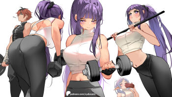1boy 2girls alternate_costume ass ass_focus breasts commentary contemporary crop_top dumbbell english_commentary exercising fern_(sousou_no_frieren) frieren horizontal_bar large_breasts long_hair multiple_girls navel pants pullups purple_hair revision sleeveless sousou_no_frieren stark_(sousou_no_frieren) straight_hair sweat sydus training weightlifting weights workout_clothes yoga_pants