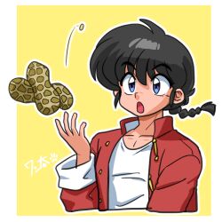 Rule 34 | 1boy, black hair, blue eyes, braid, braided ponytail, chinese clothes, eating, food, looking at food, open clothes, open mouth, open shirt, peanut, ranma 1/2, red shirt, saotome ranma, shirt, signature, tangzhuang, throwing, two-tone background, wanta (futoshi), white undershirt, yellow background