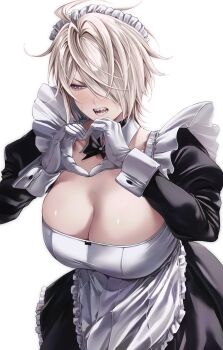 1girl absurdres ahoge apron averting_eyes black_bow black_bowtie black_dress blonde_hair blush bow bowtie breasts cleavage collarbone commentary cowboy_shot cup detached_collar dress english_commentary frilled_apron frills gloves hair_over_one_eye heart heart_hands highres juliet_sleeves kobun0 large_breasts long_sleeves looking_to_the_side maid maid_apron maid_headdress one_eye_covered open_mouth original puffy_sleeves purple_eyes reese_(ulularts) sharp_teeth short_hair simple_background solo sweatdrop teeth tomboy white_apron white_background white_gloves wolf_cut